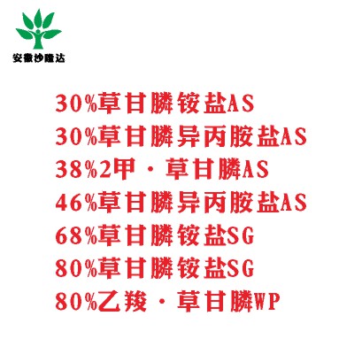 30%草甘膦銨鹽AS， 30%草甘膦異丙胺鹽AS， 38%2甲·草甘膦AS， 46%草甘膦異丙胺鹽AS， 68%草甘膦銨鹽SG，80%草甘膦銨鹽SG ，80%乙羧·草甘膦WP